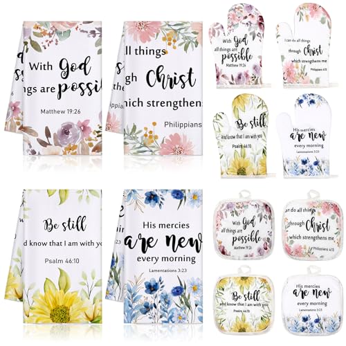 Christian Kitchen Gift Set with Towels, Oven Mitts & Pot Holders - Religious Bible Verse Decor for Women