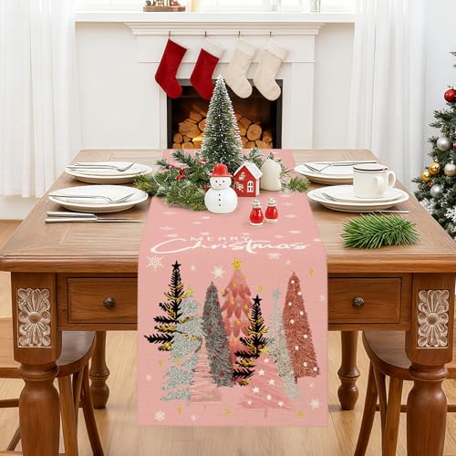 OTOSTAR Merry Christmas Table Runner 13x72 Inch - Pink Tree Snowflake Farmhouse Kitchen Decor