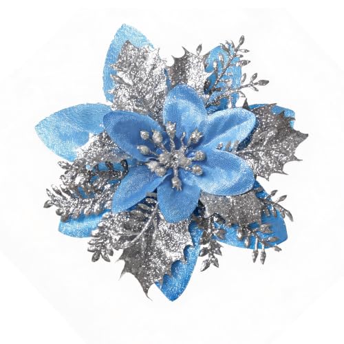 Blue Glitter Poinsettia Flowers 5.5in - 15 Pack with Clips for Christmas Tree, Wreaths & Garlands (Variation: Blue)