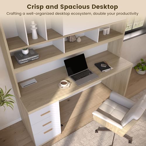 72.8-Inch Computer Desk with Hutch, Drawers, and Built-in Charging Station