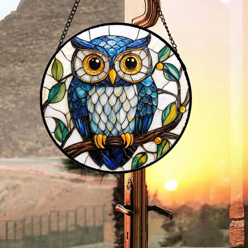 Blue Owl Bird Theme Stained Glass Suncatcher 15" Window Hanging