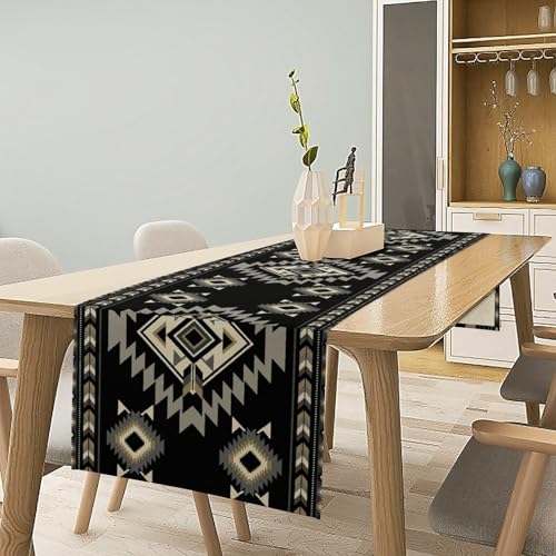 GMLOV 13x60in Black Aztec Table Runner Ethnic Southwest Geometric Tribal Home Decor