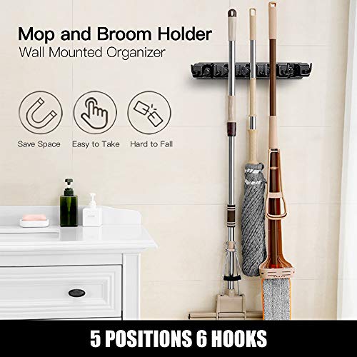 2 Pack Wall Mount Broom and Mop Holder Storage Rack with Hooks