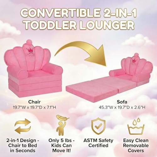 2-in-1 Foldable Toddler Couch and Sofa Bed - Pink Crystal Velvet Kids Chair
