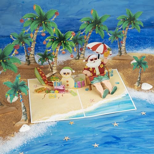Tropical Santa Pop Up Card – 5x7 with Envelope | Includes Tropical Beach Scene Card (Variation: Tropical Santa) by POPWOW