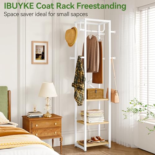 Industrial Freestanding Hall Tree with 3 Shelves and 8 Coat Hooks