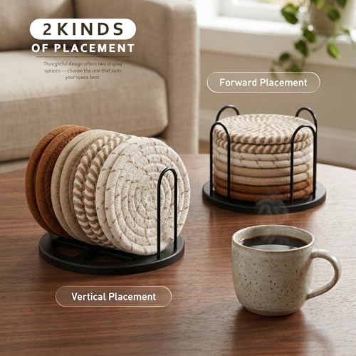 Absorbent Drink Coasters Set of 8 - 4 Inch Cotton Linen Coasters with Holder