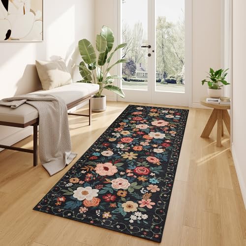 2.6x8 Floral Runner Rug, Washable Non-Slip Rug for Hallway and Kitchen