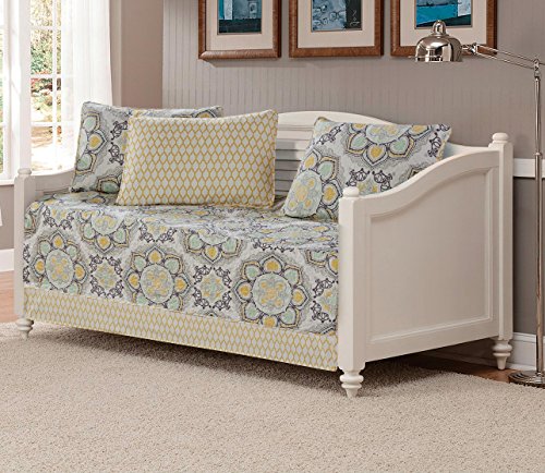 Reversible Daybed Cover Set - 5pc Floral Bedding in White, Yellow, Green, Grey