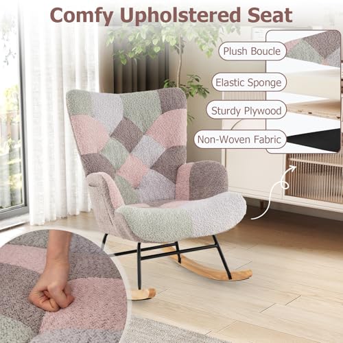 Boucle Upholstered Rocking Chair with High Backrest and Side Pocket