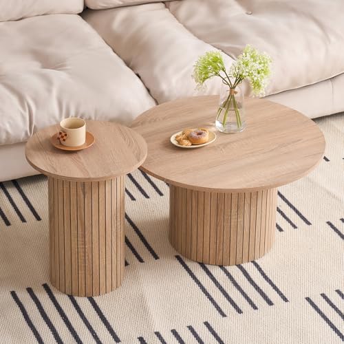 Round Nesting Coffee Table Set of 2, Modern Fluted Wooden Accent Tables