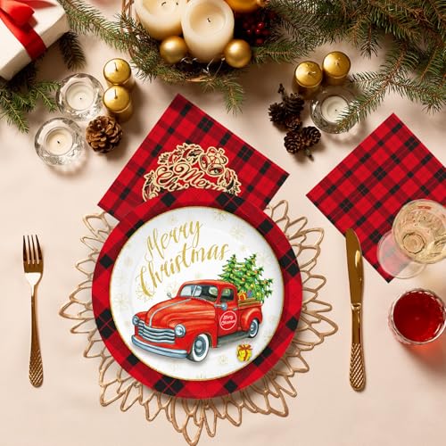 Christmas Paper Plates and Napkins Set - Buffalo Plaid Holiday Dinnerware, 200 Pieces