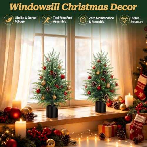 Yangrass 2 Pack 2FT Artificial Cedar Topiary Trees with Pots for Outdoor Front Porch