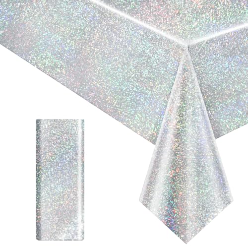Just Shimmer Silver Holographic Disco Tablecloth 40x108 inch for Parties & Events