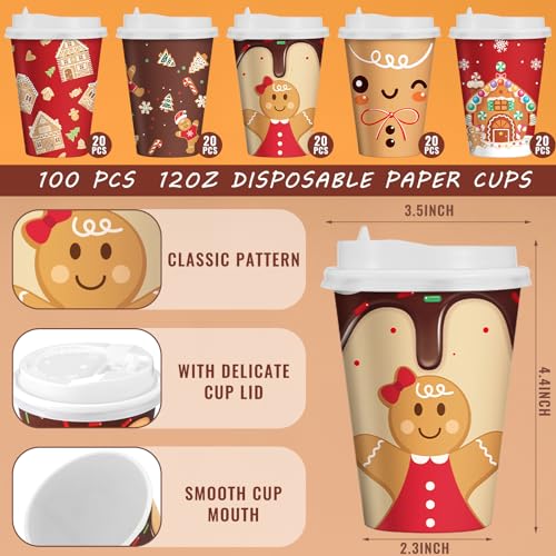 Gerrii Gingerbread Man Style 12oz Christmas Paper Cups with Lids - 100 Pack