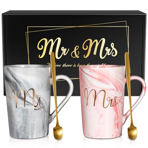 Linkax 2pcs Wedding Gift Set for Couples - Mr. & Mrs. 13.19 Oz Coffee Mugs, Engagement & Anniversary Gift
