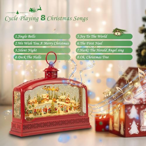 Nature's Porter Large Red Christmas Snow Globe with Lights & Music - 10.83" Holiday Village Decor, 8 Songs, 6H Timer, Dual Power, Gift Box - Christmas_large_red