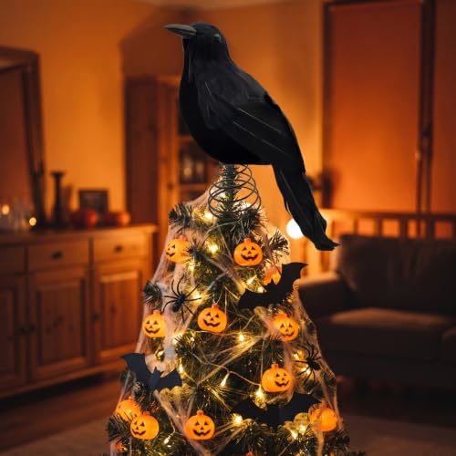 Gothic Black Feathered Crow Tree Topper with Spring Base - 10 Inch