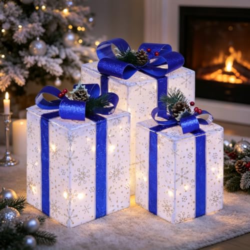 DomKom Blue Rectangular Lighted Gift Boxes Set of 3 Christmas Decorations