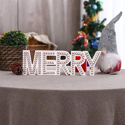 Merry Christmas Sign, Free Standing Wooden Small Christmas Centerpieces For Tables, Rustic Merry Letter Christmas Decorations, Beaded Farmhouse Meery Christmas Wall Decor