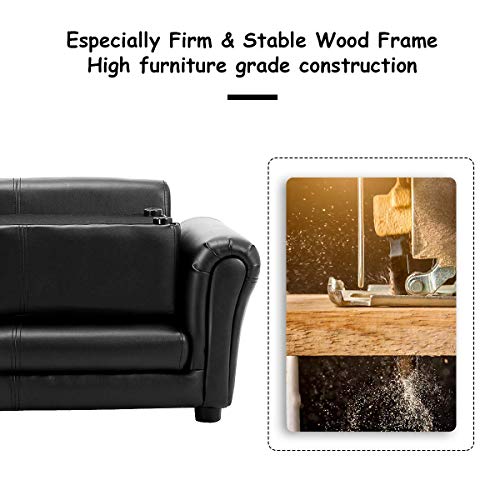 Kids 2-Seater Sofa with Ottoman - Black PU Leather Toddler Lounge Chair