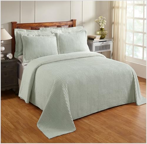 Queen Size Sage Chenille Bedspread - Lightweight Cotton Tufted Bedding Coverlet