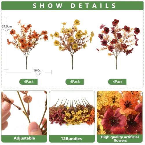 Artificial Fall Flowers Outdoor UV Resistant - 12 Bundles Faux Silk Daisies
