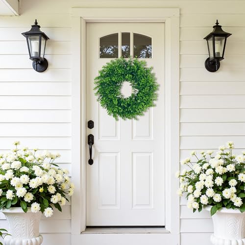 17-Inch Artificial Boxwood Wreath for Front Door, Spring & Summer Decor
