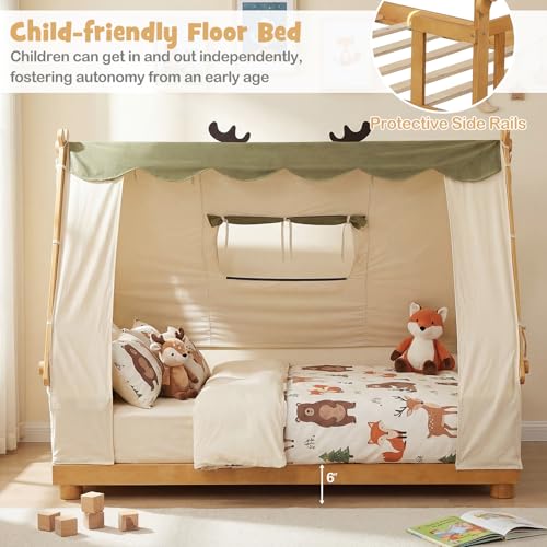 Twin House Floor Bed for Kids with Canopy, Fence Rails & Wood Slat Support