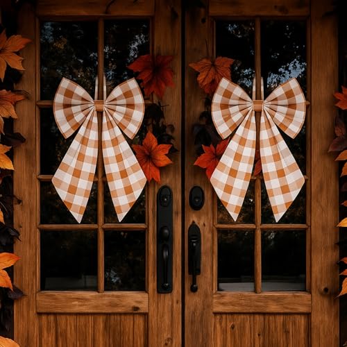 Orange Fall Plaid Wreath Bows 2-Pack - Large Burlap Front Door Decor