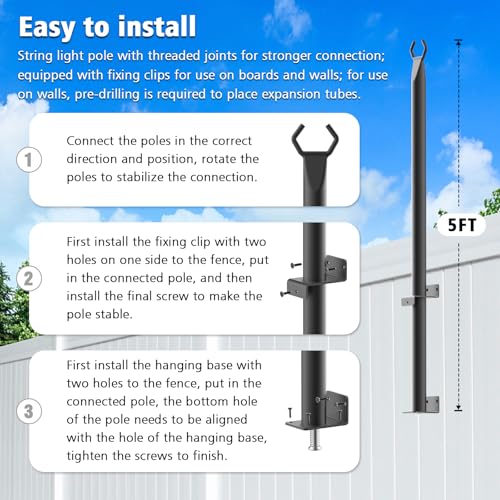 8 Pack 5ft String Light Poles for Deck & Patio - Rust-Resistant Steel