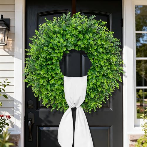 28-Inch Artificial Boxwood Wreath for Front Door, Year-Round Greenery Decor