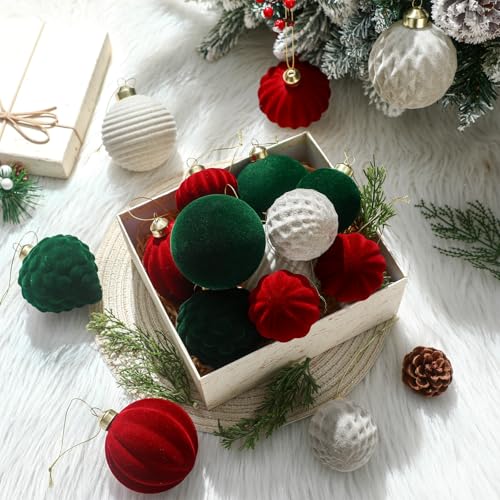 24 Pack Velvet Christmas Ornaments - Flocked Holiday Ball Decor in Cream, Green, Red