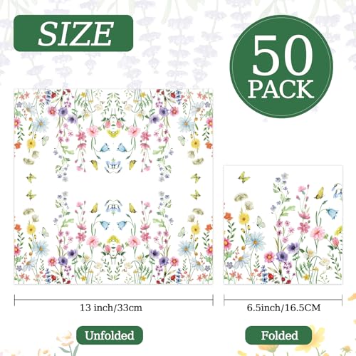 50 Pcs Wildflower Paper Napkins 13x13 Inch Floral Disposable Party Supplies