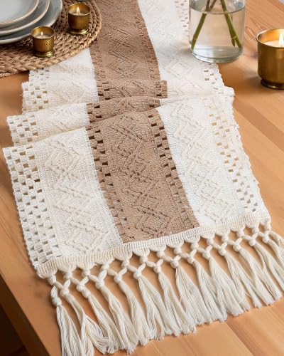 Boho Table Runner 12 x 72 Inch, Farmhouse Linen Textured Runner with Tassels