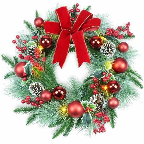 20-Inch Pre-Lit Christmas Wreath with LED Fairy Lights & Red Ornaments