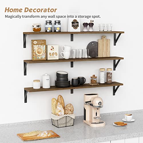 36-Inch Floating Wall Bookshelves, Set of 3 Rustic Wood Heavy-Duty Shelves