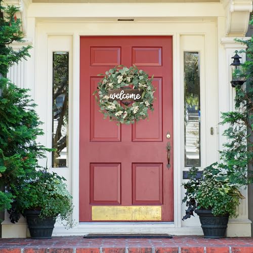 20-Inch Artificial Eucalyptus Wreath with Welcome Sign for Front Door