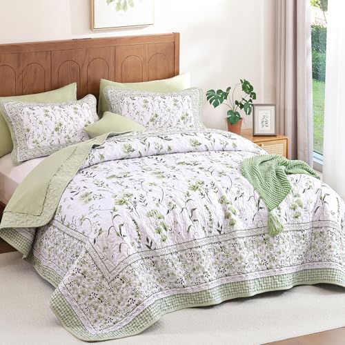Sage Green Floral Quilt Set Queen - Lightweight Farmhouse Bedding