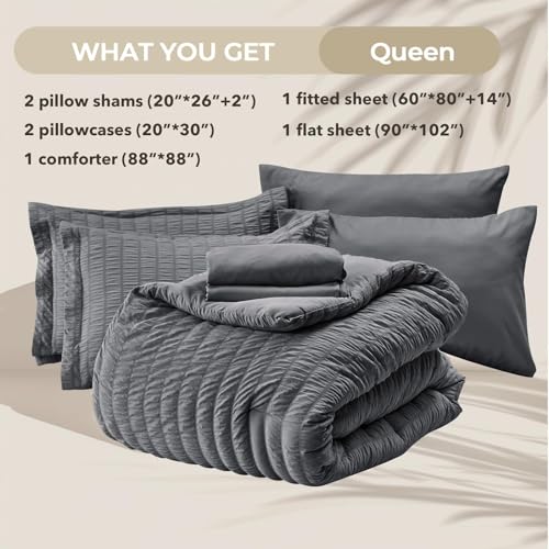 HYMOKEGE Queen Seersucker Comforter Set 7-Piece Bed in a Bag Dark Grey