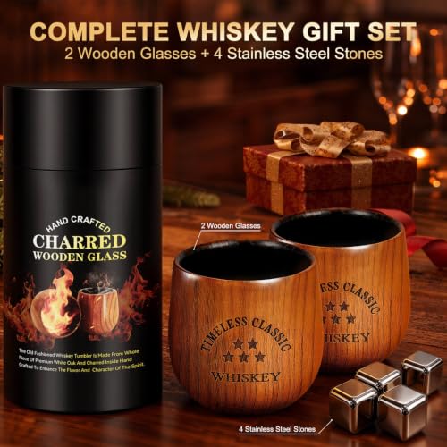 SALUNA 2 Pack Charred Wooden Bourbon Drinking Glasses - Oak Whiskey Tumbler, Personalized Gifts for Men & Dad