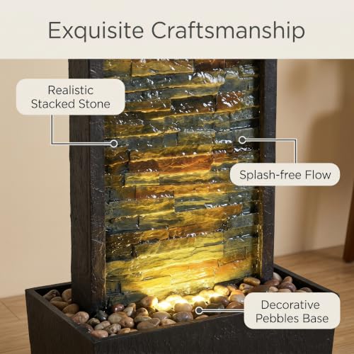 38-Inch Stone Wall Water Fountain with LED Lights for Indoor and Outdoor