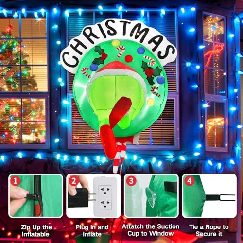 3.5ft Inflatable Christmas Wreath with Green Giant Monster, LED Lighted Outdoor Decor