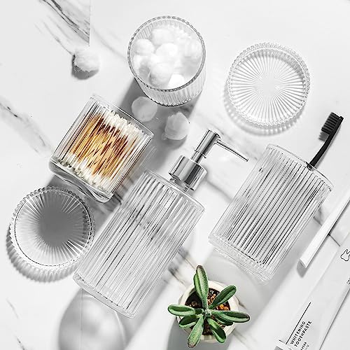 4-Piece Ribbed Glass Bathroom Accessory Set - Soap Dispenser & Holder Kit