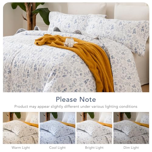 Floral King Pillow Shams Set of 2, 20x36 Blue and White Quilted Cotton
