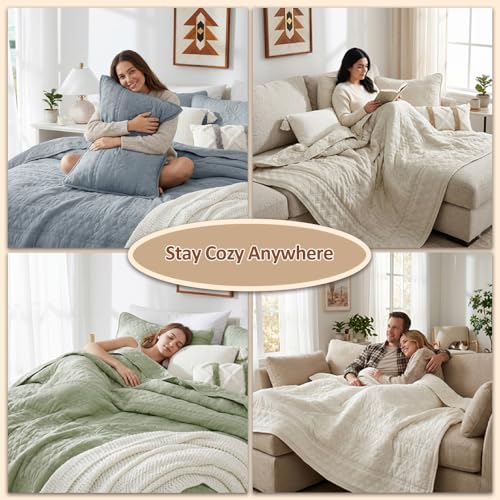 Twin Quilt Set with Pillow Sham - Lightweight Boho Blue Grey Bedding