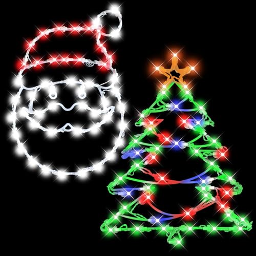 SUPHONOR 16" Christmas Window Silhouette LED Lights Pack (2) Santa Head & Christmas Tree Battery-Powered
