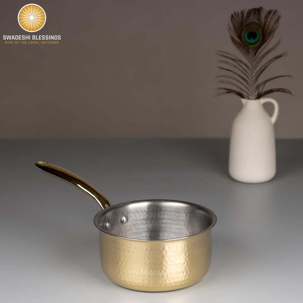 Swadeshi Blessings Exclusive Range Brass Sauce Pan for Cooking without Lid/Teflon-Free/Naturally Non-Stick Brass Utensils with Tin Coating (1.5 Liters)