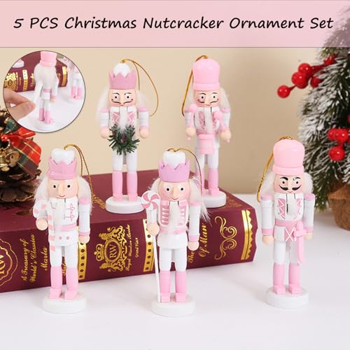 5-Piece Pink Wooden Christmas Nutcracker Ornament Set - Tree & Table Decor