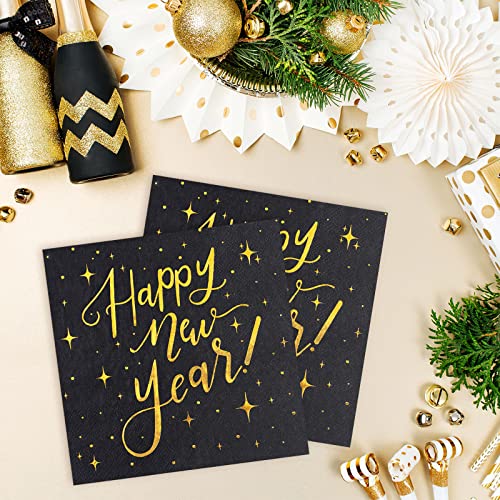 Whaline Black Gold Happy New Year Paper Napkins, 80 Pcs - Disposable Dinner Napkins